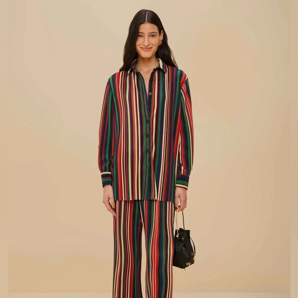 Farm Rio: Multicolor Pipa Stripes Pleated Shirt